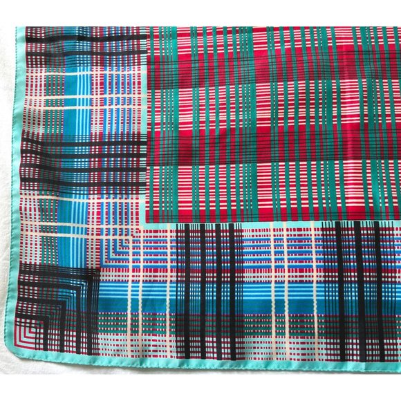 Vintage Morsly Scarf Tartan Plaid Square Geometric Italy 27" Blue Green - Picture 2 of 10